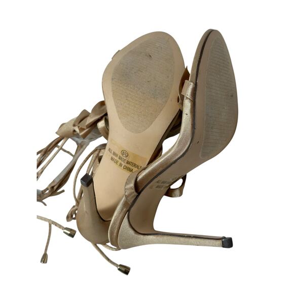 LIliana beige satin ruffled tie up heel sandals size 5.5 - Picture 8 of 15